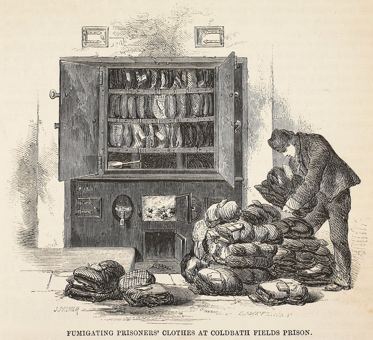 Desinficerande fångarkläder i Coldbath Fields Prison, illustration från The Criminal Prisons of London och Scenes from Prison Life av Henry Mayhew och John Binny, pub. 1862 av English School