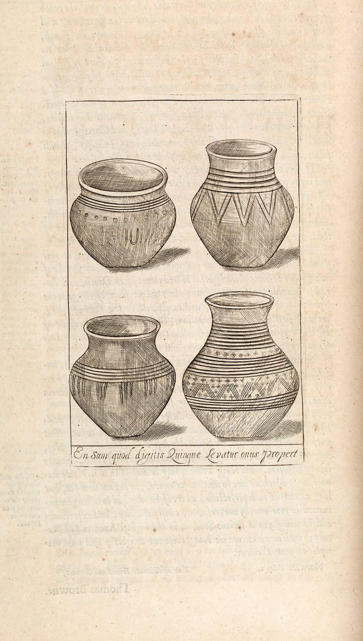 Begravningsurnor, illustration från Works by Thomas Brown, London 1686 av English School