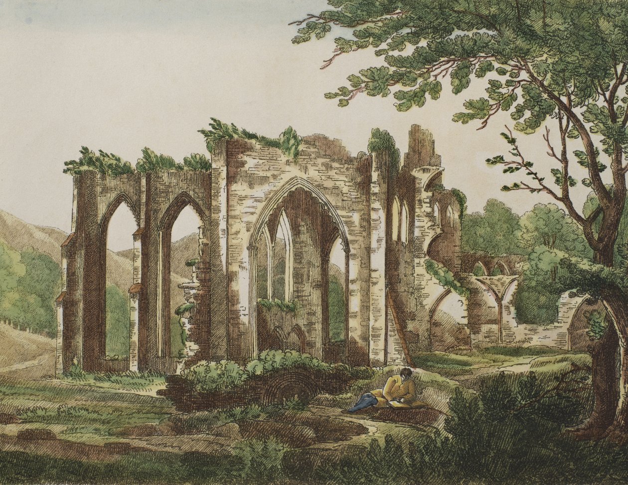 Furness Abbey, Lancashire, 1810 (färggravyr) av English School