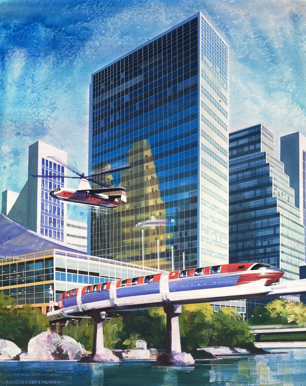 Futuristisk monorail och helikopter av English School