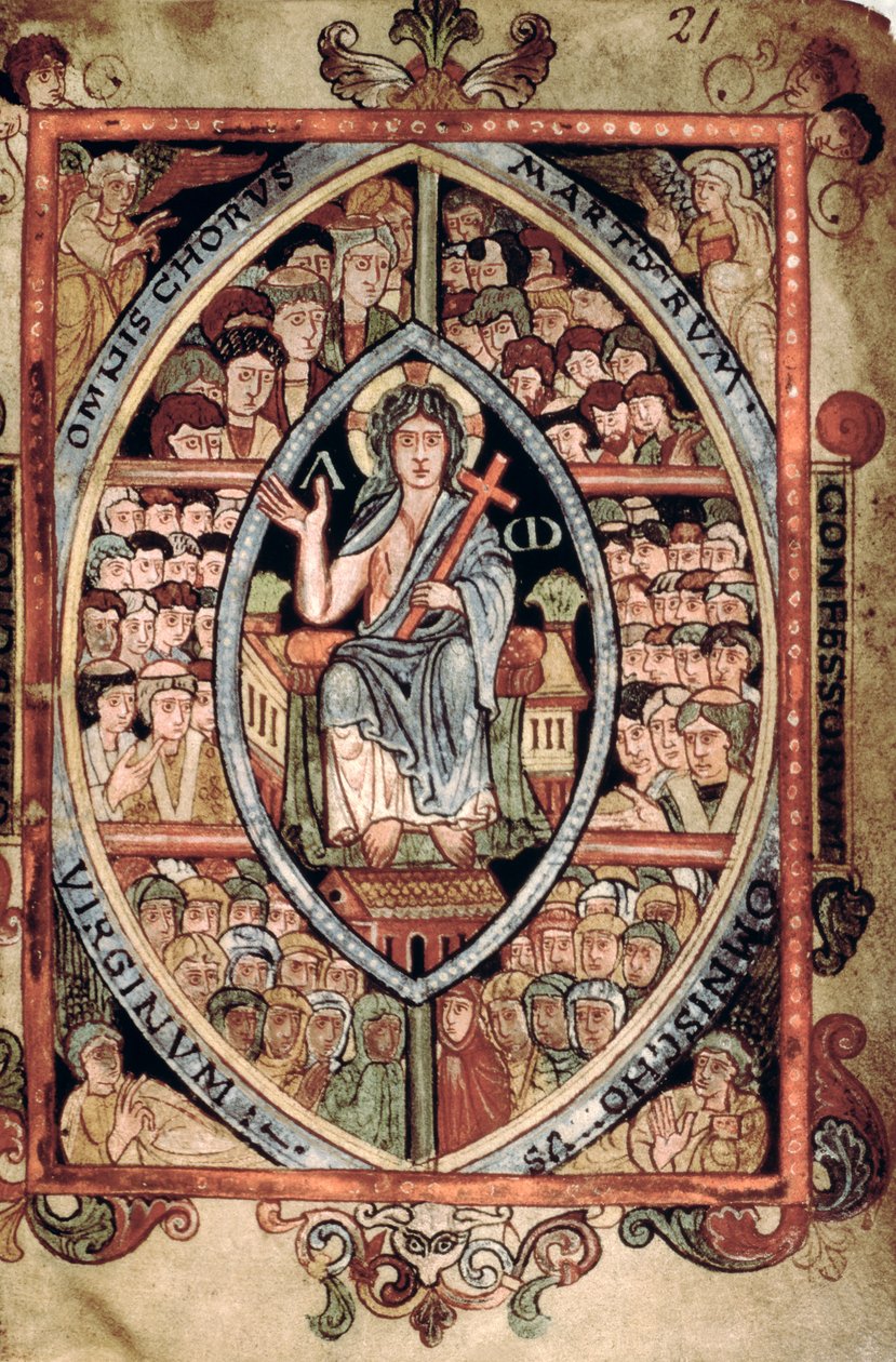 Galba A XVIII f.21r, Kristus i majestät, från Athelstan Psalter, Old Minster, Winchester, 925-50 (vellum) av English School
