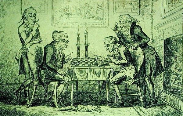 Schackspel, graverat av George Cruikshank (1792-1878) publicerat 1 augusti 1835 (litho) av English School