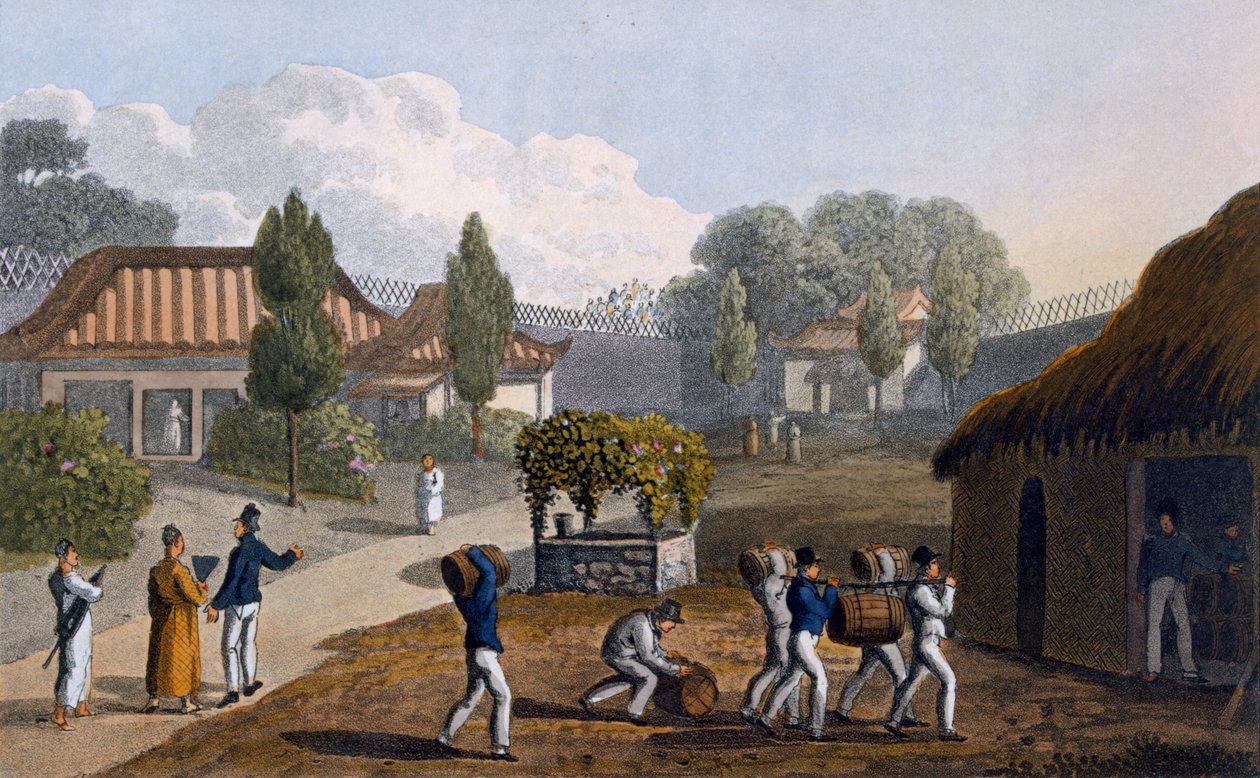 Garden of the Temple of Lewchew, 1820 (färgad akvatint) av English School