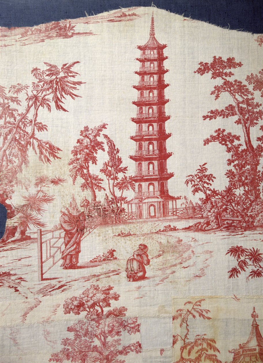 Trädgårdsscen med en pagoddesign av William Chambers (1723-96) (plåttryckt linne och bomull) av English School