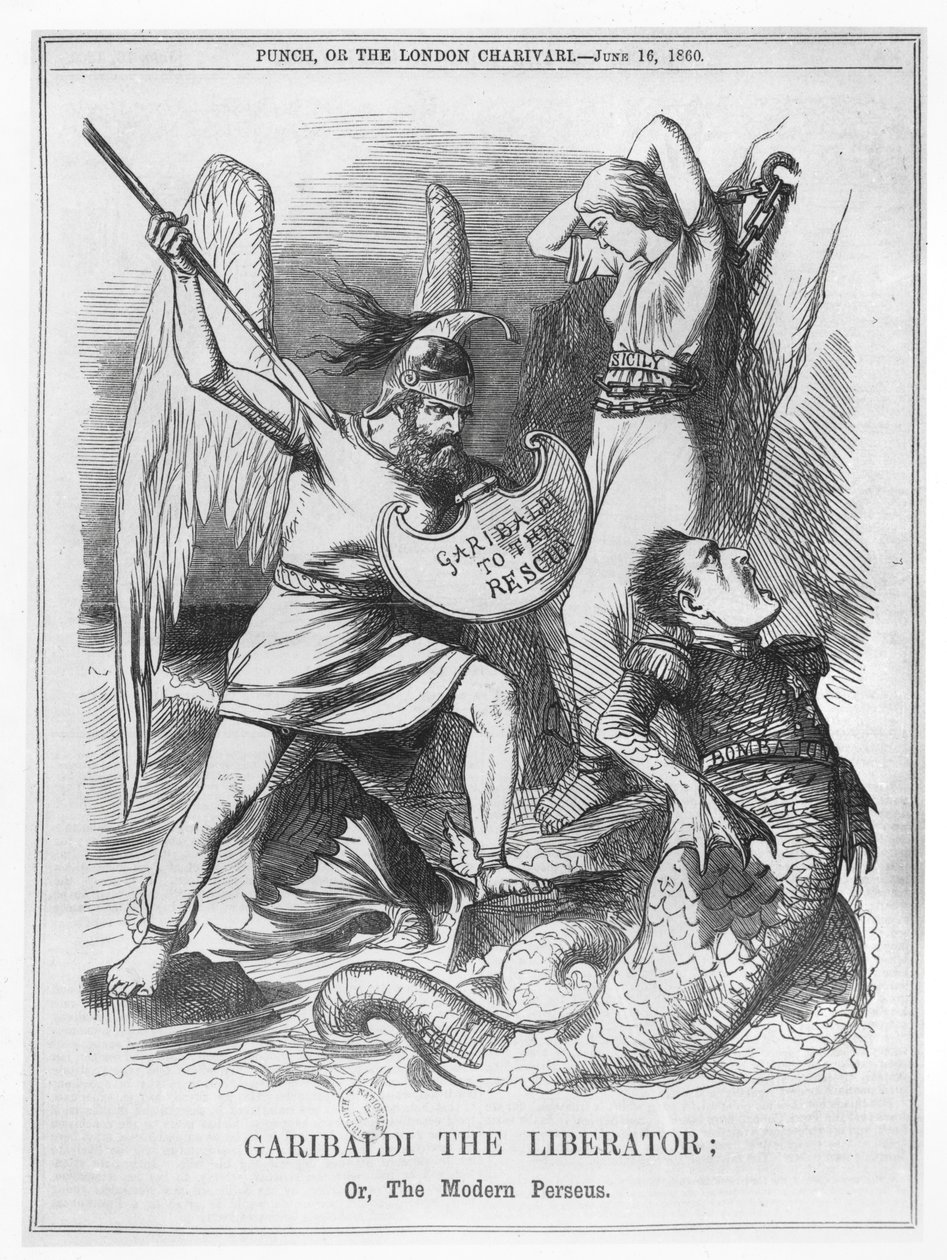 Garibaldi the Liberator, eller The Modern Perseus, från "Punch" av English School