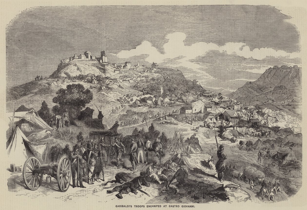 Garibaldis trupper i läger vid Castro Giovanni (gravyr) av English School