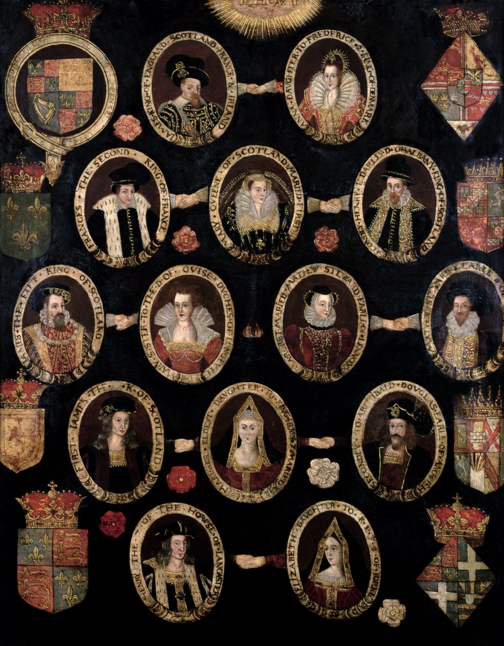 Släktdiagram som spårar Tudorrötterna till Mary Stuart, drottning av Skottland (1542-87) och hennes son James VI av Skottland och I av England (1566-1625) c.1603 av English School