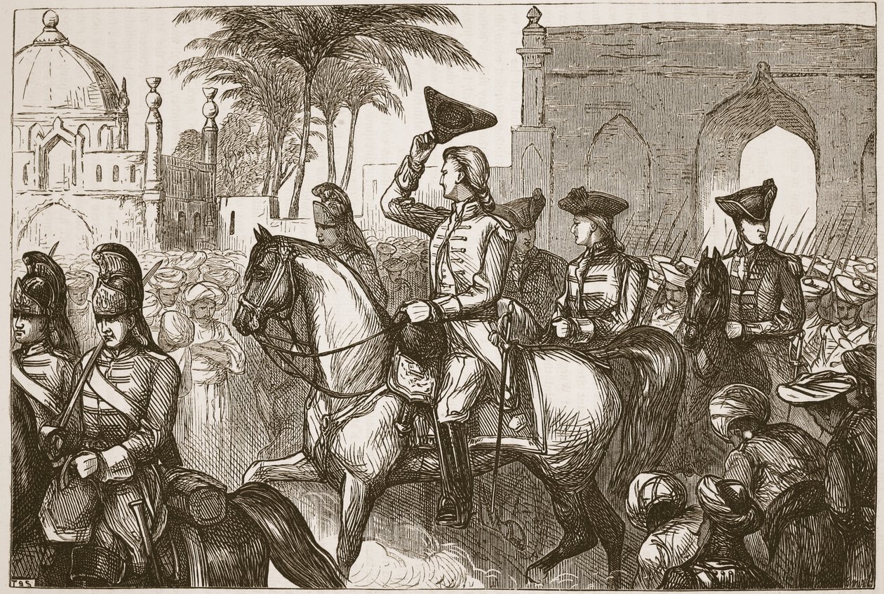General Goddard kommer in i Surat, illustration från Cassells Illustrated History of India av James Grant, pub. 1879 av English School
