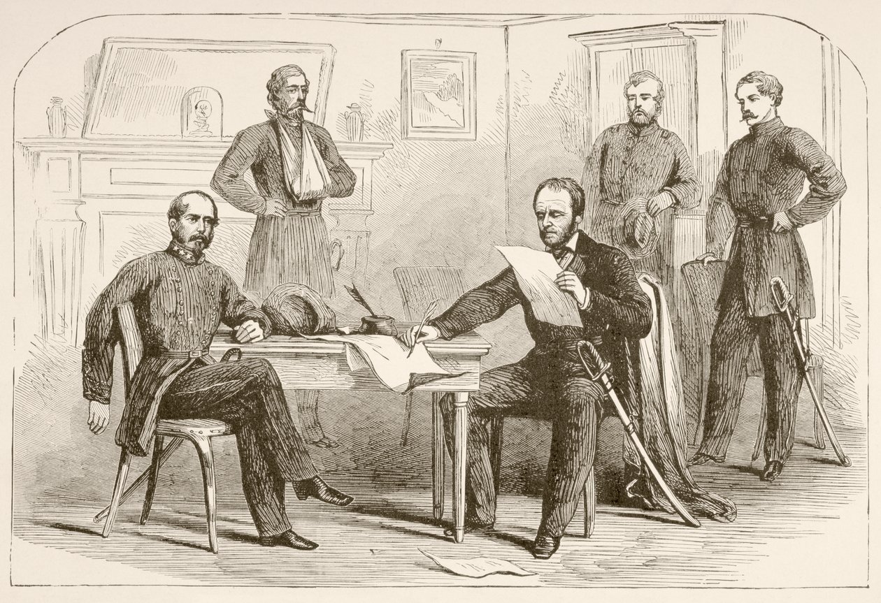 General Joseph Eggleston Johnston överlämnar armén till Tennessee till general William Tecumseh Sherman (lito) av English School