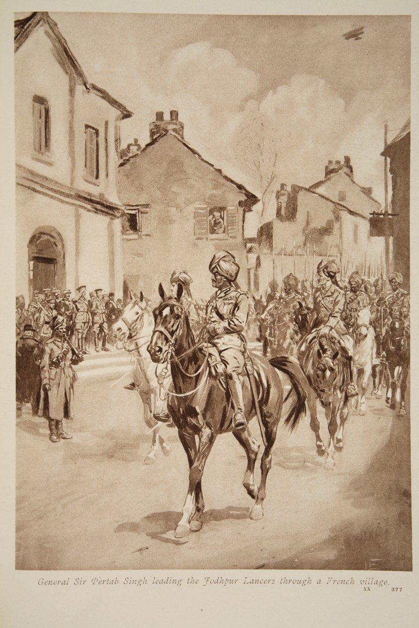 General Sir Pertab Singh ledde Jodhpur Lancers genom en fransk by, 1914-19 av English School