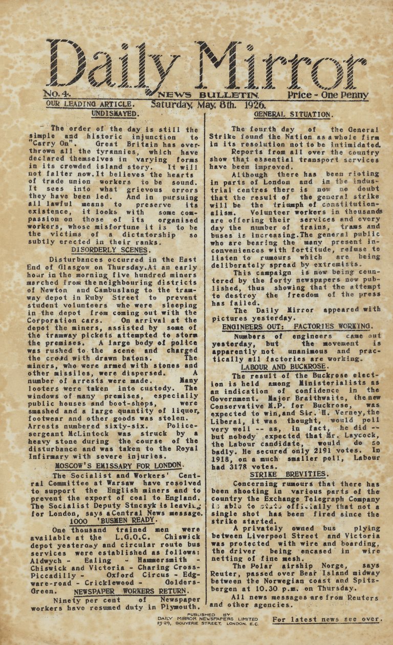 Generalstrejk rapporterad i Daily Mirror (gravyr) av English School