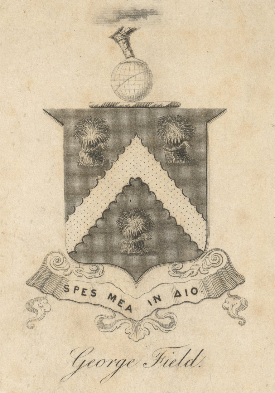 George Field, Armorial bookplate, från "Chromatics, or, An essay on the analogy and harmony of colours", av George Field av English School
