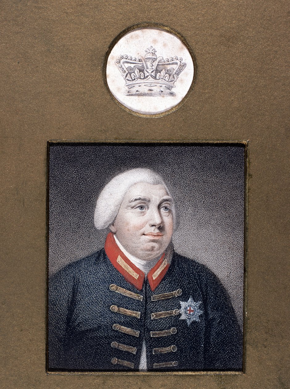 George III (1738-1820) i Windsor Uniform, ca 1790 (färgad sticklinggravyr) av English School