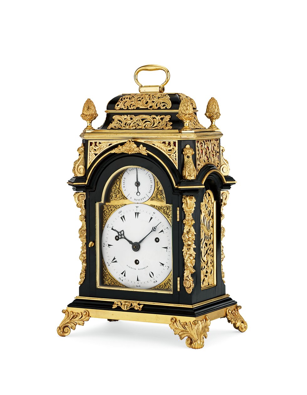 George III ormolu-monterad eboniserad slående och musikalisk åttadagars bordsklocka av liten storlek, c.1765 (ormolu & eboniserat trälåda) av English School