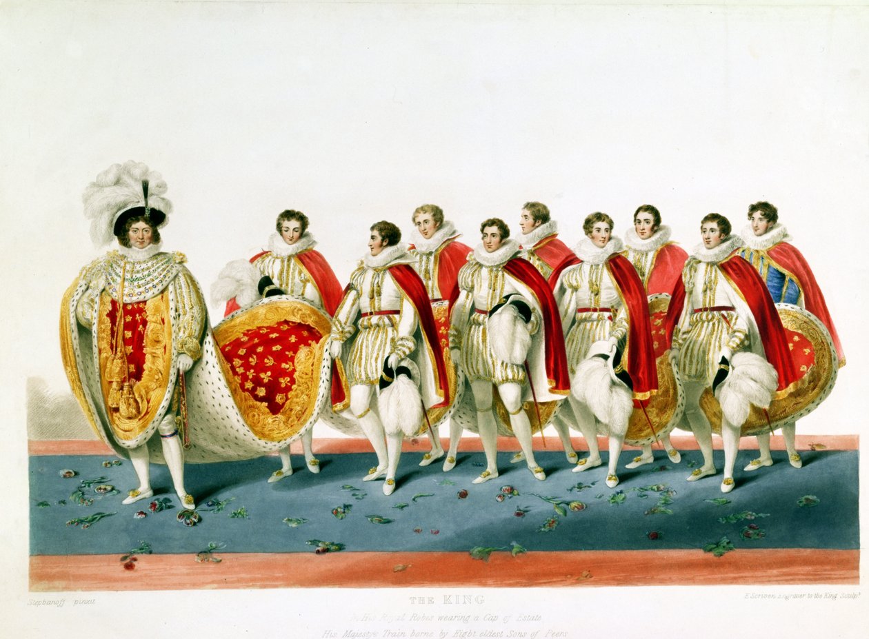 George IV i kröningsdräkt bärande en godsmössa, graverad av E. Scrivenor, från en tallrik av Sir George Naylor av English School