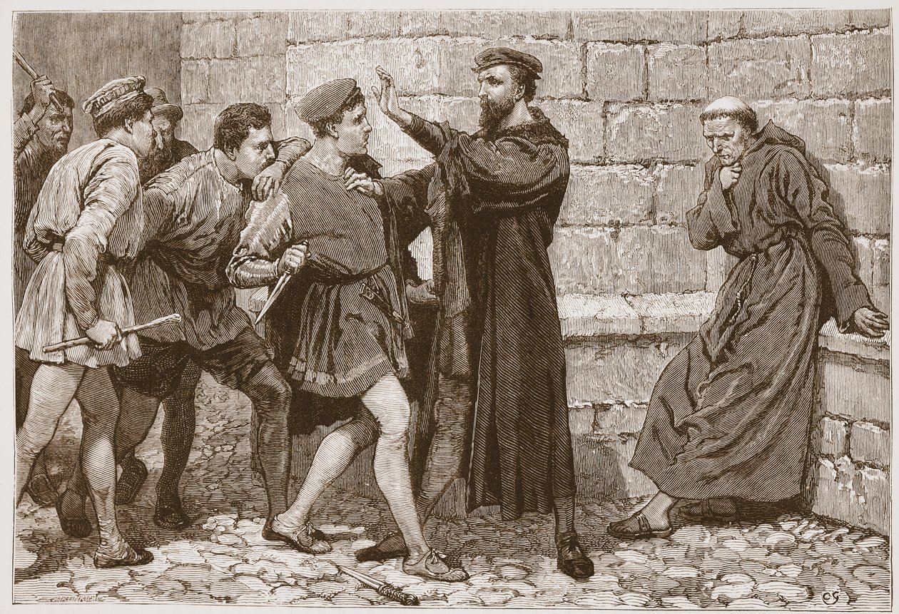 George Wishart skyddar sin blivande lönnmördare, illustration från "The History of Protestantism" av James Aitken Wylie (1808-1890), pub. 1878 (gravyr) av English School