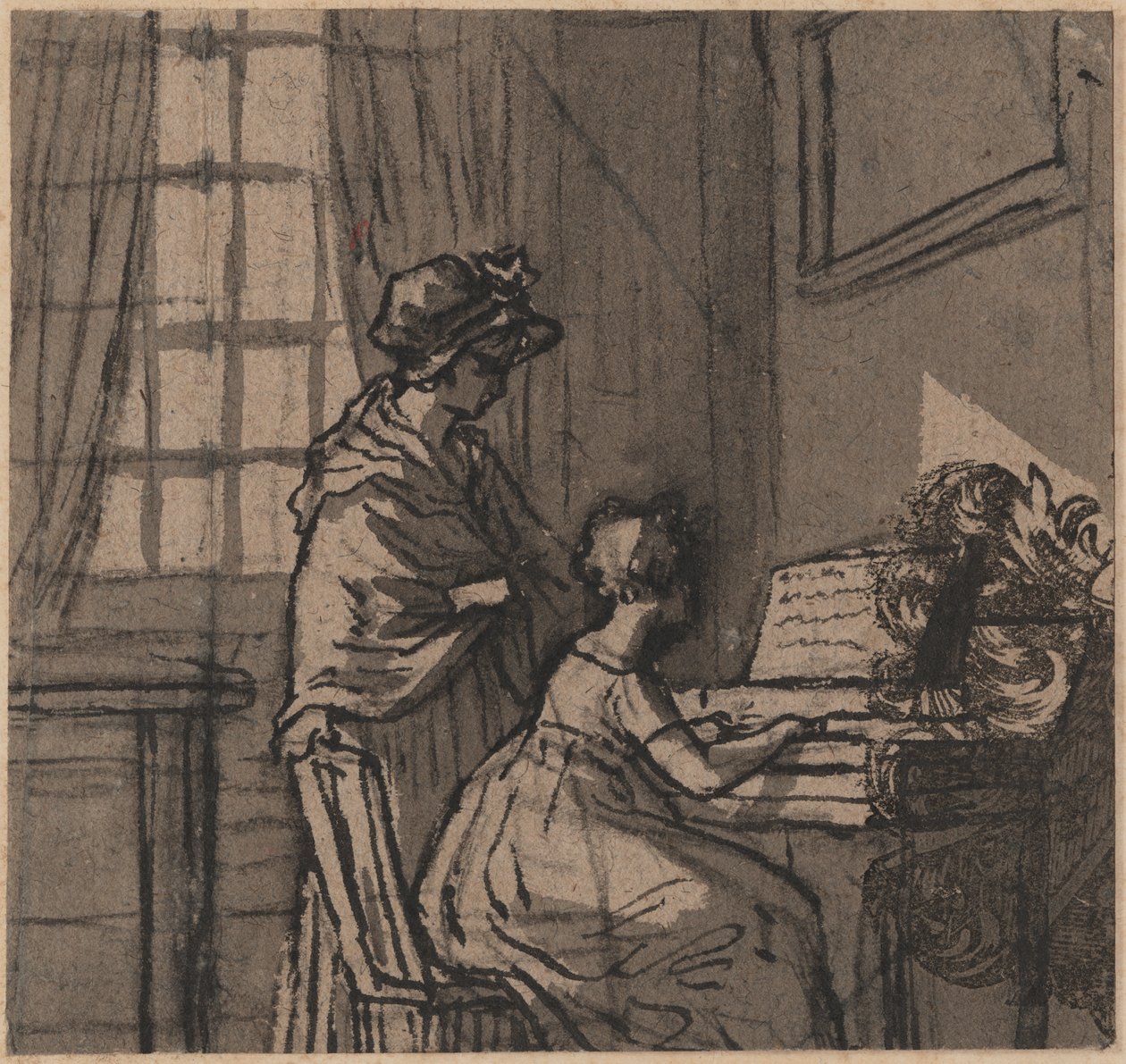 Girl at a clavichord, c.1800 (penna & tvätt på papper) av English School