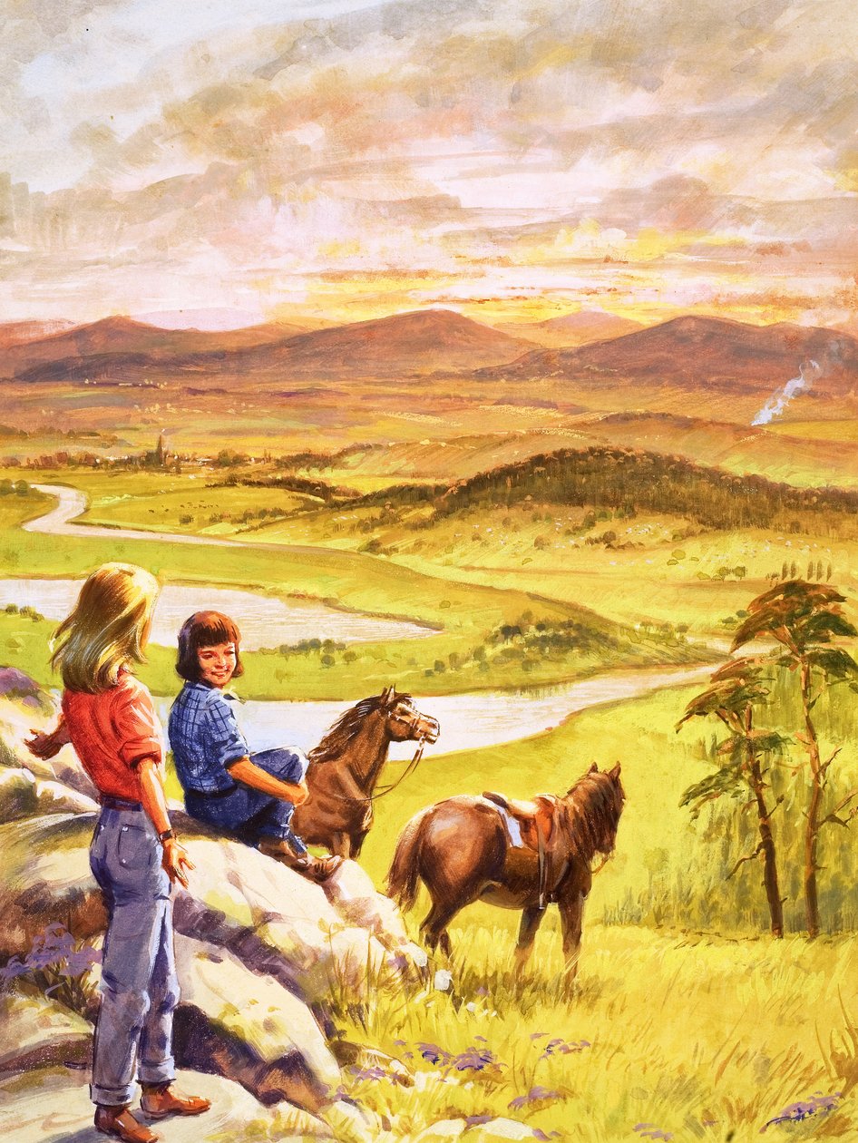 Flickor och ponnyer som blickar ut över landskapet (gouache på papper) av English School