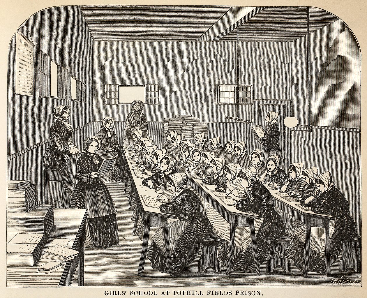 Flickskola på Tothill Fields Prison, illustration från The Criminal Prisons of London och scener från Prison Life av Henry Mayhew och John Binny, pub. 1862 av English School