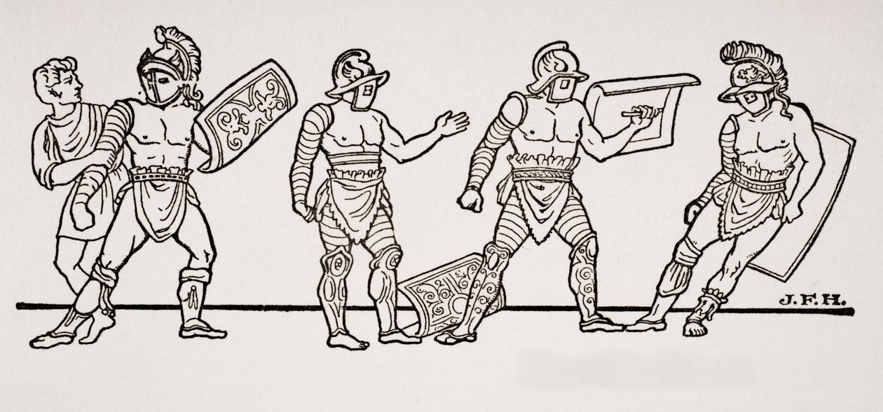 Gladiatorer, från en väggmålning i Pompeji, illustration från The Outline of History av H.G. Wells, Volym I, publicerad 1820 av English School