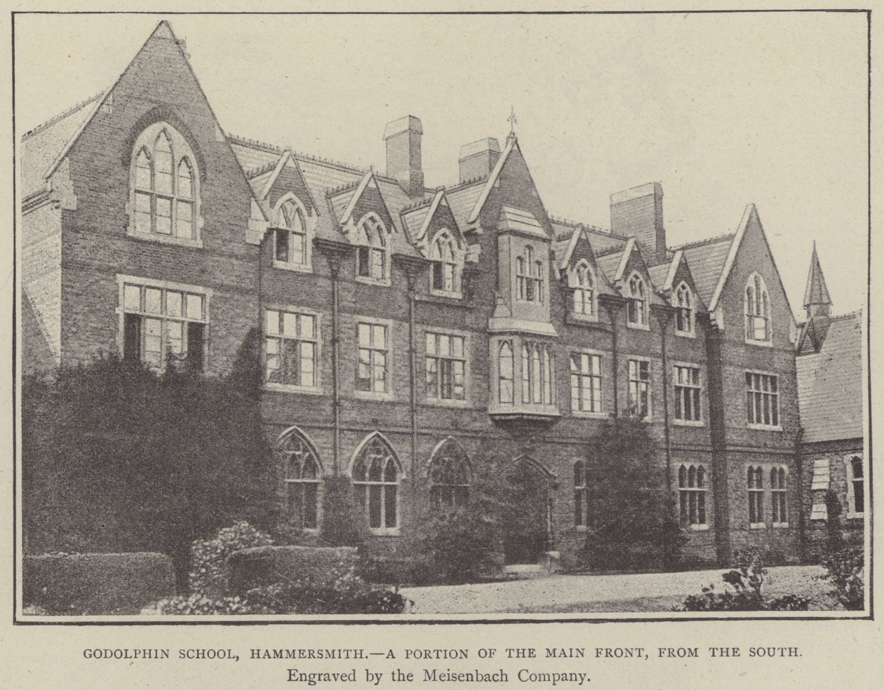 Godolphin School, Hammersmith, en del av huvudfasaden, från söder (gravyr) av English School