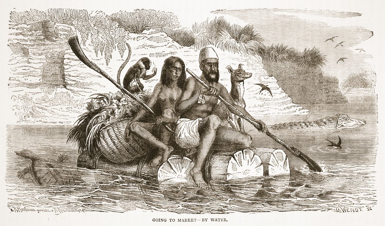 Går till marknaden vid vattnet, illustration från The Pictorial Edition av David Livingstones liv och upptäckter av J. Ewing Richie, pub. av A. Fullarton & Co., 1876 av English School