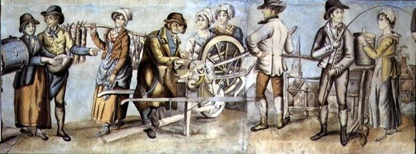 Gå till mässan, detalj av en knivslipare och hantverkare och kvinnor, ca 1815 (wc med gouache på papper) (se även 107509 och 107510) av English School