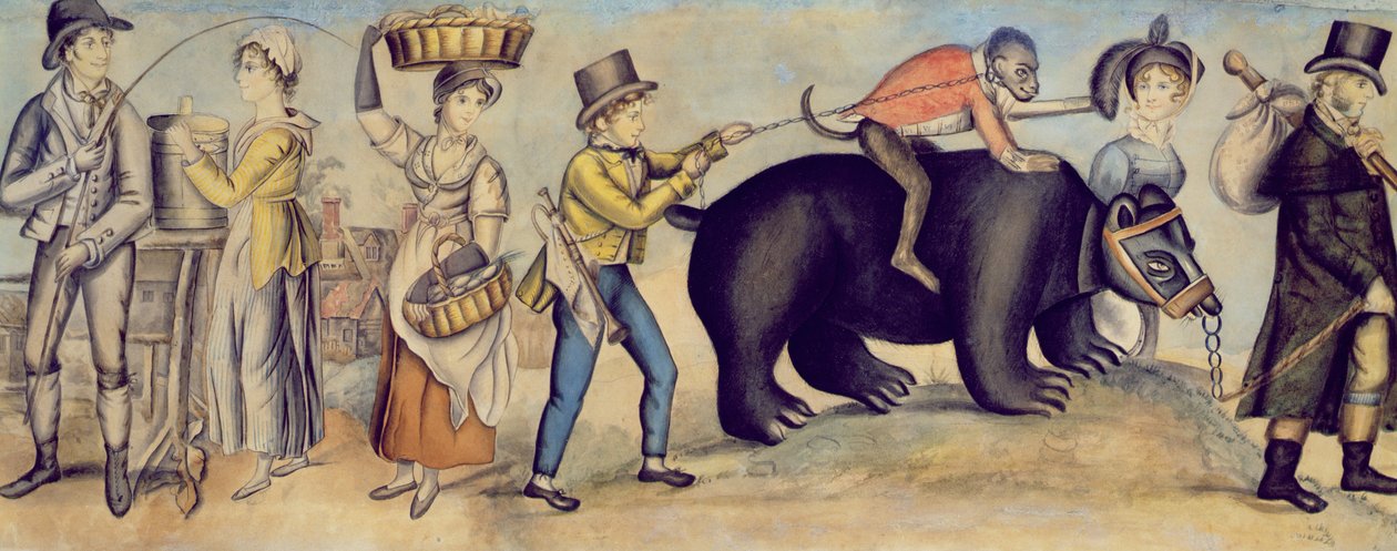 Gå till mässan, detalj av en uppträdande björn och apa, c.1815 av English School