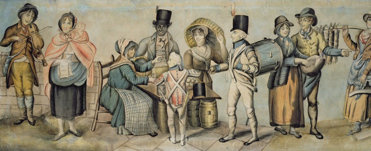 Gå till mässan, detalj av musikalisk familjeakt och äppelförsäljare, ca 1815 (wc och gouache på papper) (se även 107508 och 107509) av English School