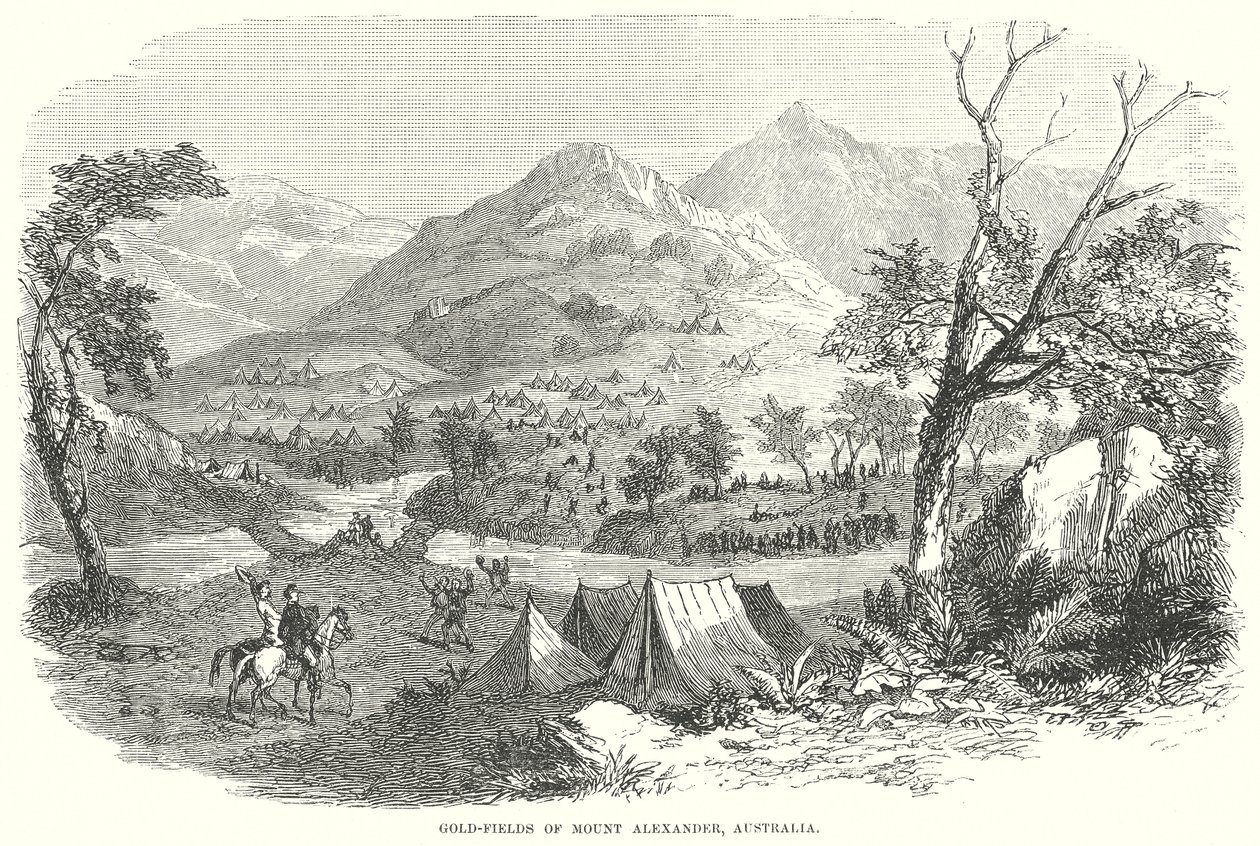 Guldfält vid Mount Alexander, Australien (gravyr) av English School