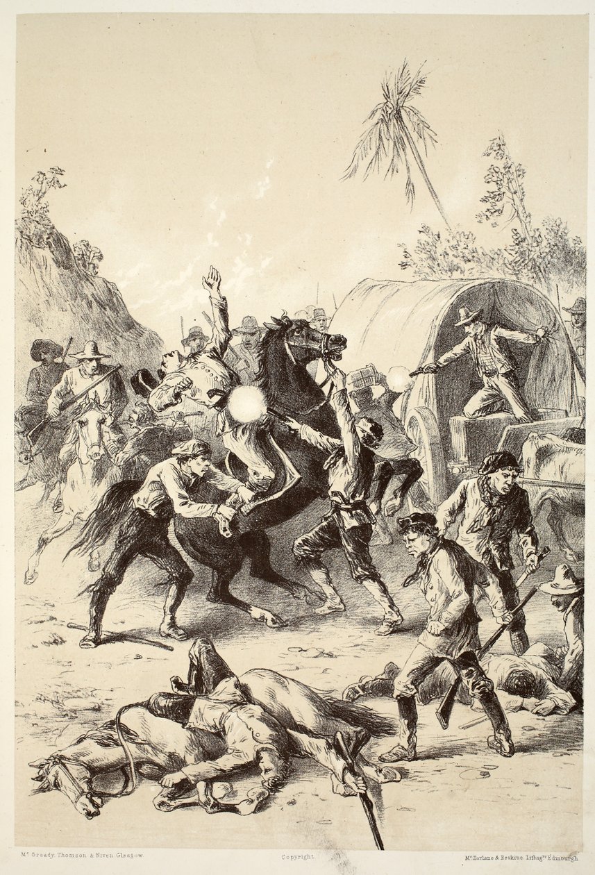 Guld eskort attackerad av Bush Rangers, från The History of Australasia av David Blair, McGrady, Thomson och Niven, 1879 av English School