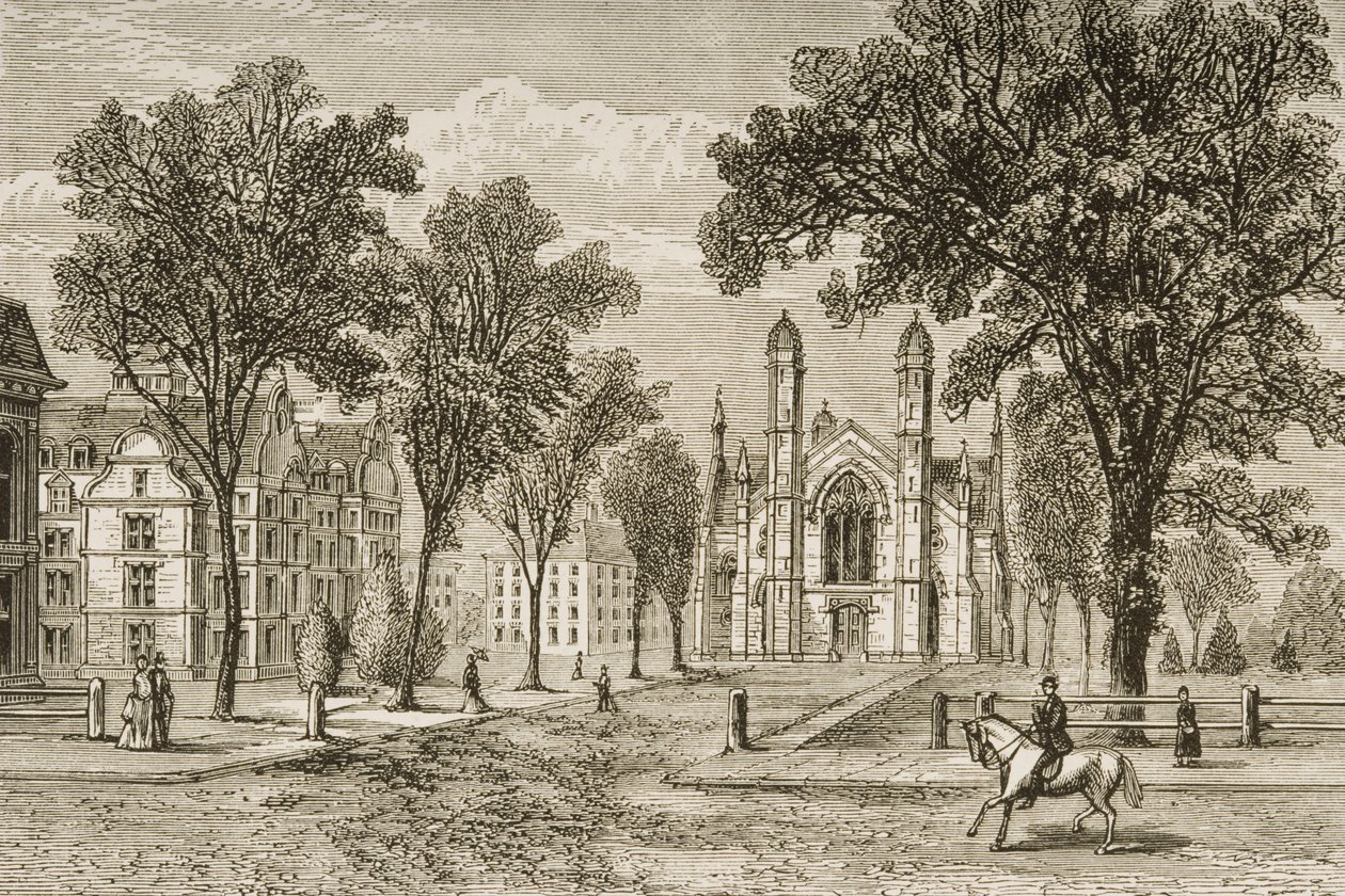Gore Hall, Harvard University omkring 1870, från "American Pictures" utgiven av Religious Tract Society, 1876. av English School