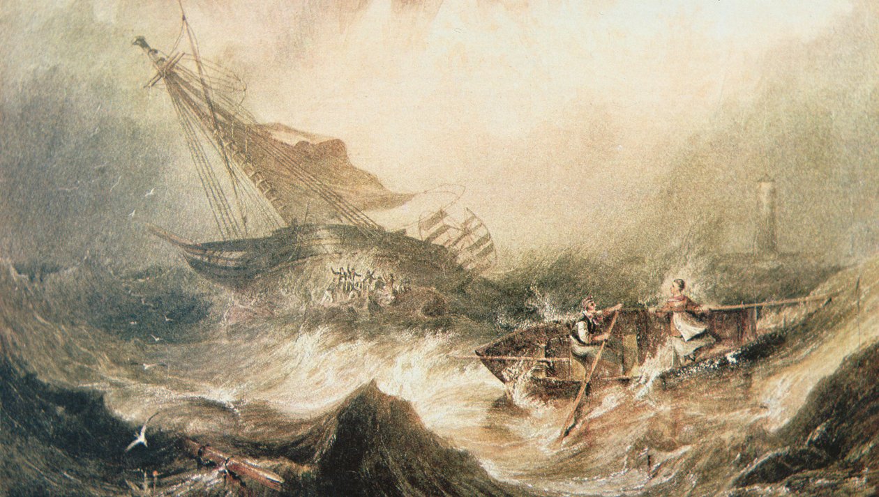Grace Darling och hennes far ror till undsättning av Forfarshire som förstördes utanför Northumberlandskusten, 7 september 1838 (akvarell på papper) av English School