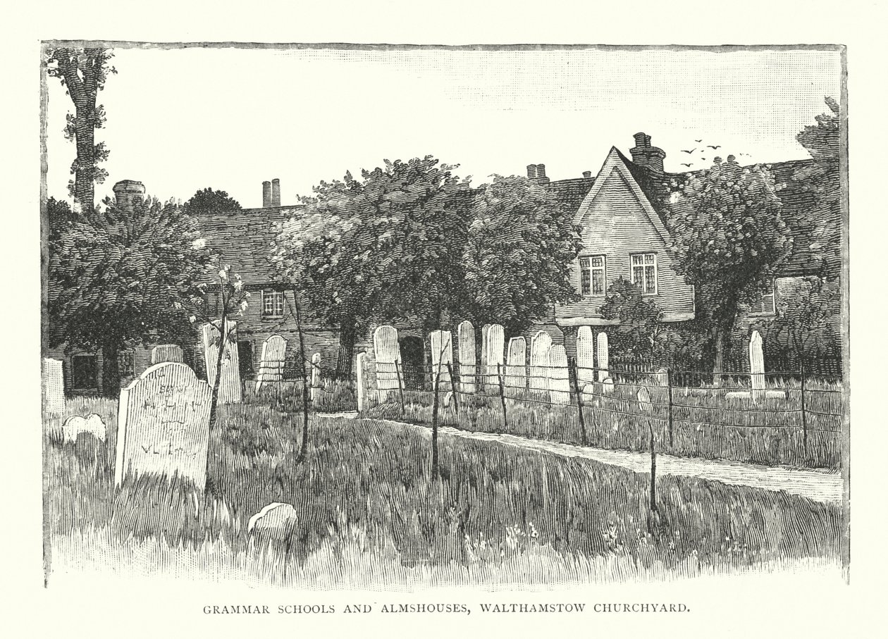 Gymnasieskolor och fattighus, kyrkogården i Walthamstow (gravyr) av English School