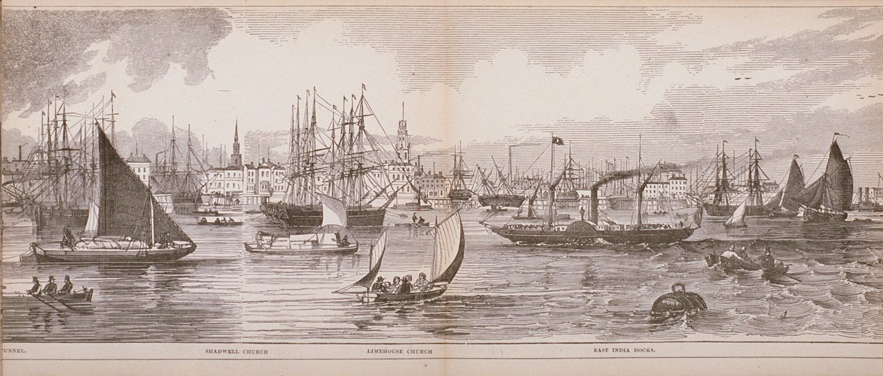 Grand Panorama of London, från Themsen med utsikt mot Shadwell, East India Docks and Limehouse, 1849 (trägravyr) av English School