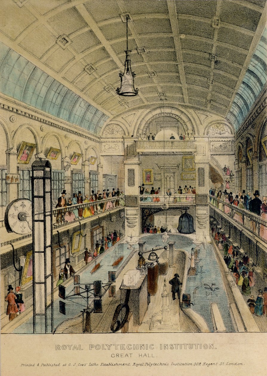 Great Hall of the Royal Polytechnic Institution, Regent Street, tryckt av G.J. Cox, ca 1840 av English School