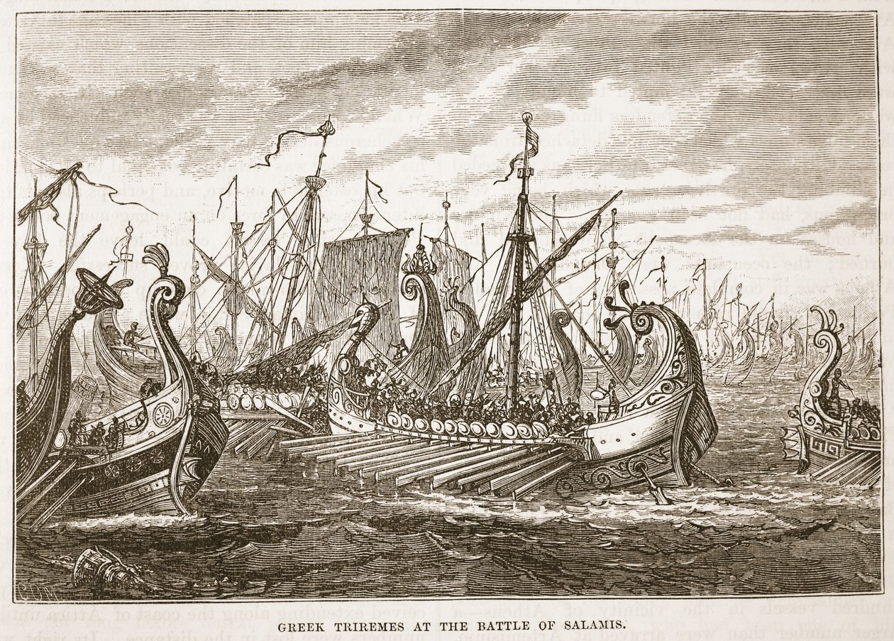 Grekiska Triremes i slaget vid Salamis av English School