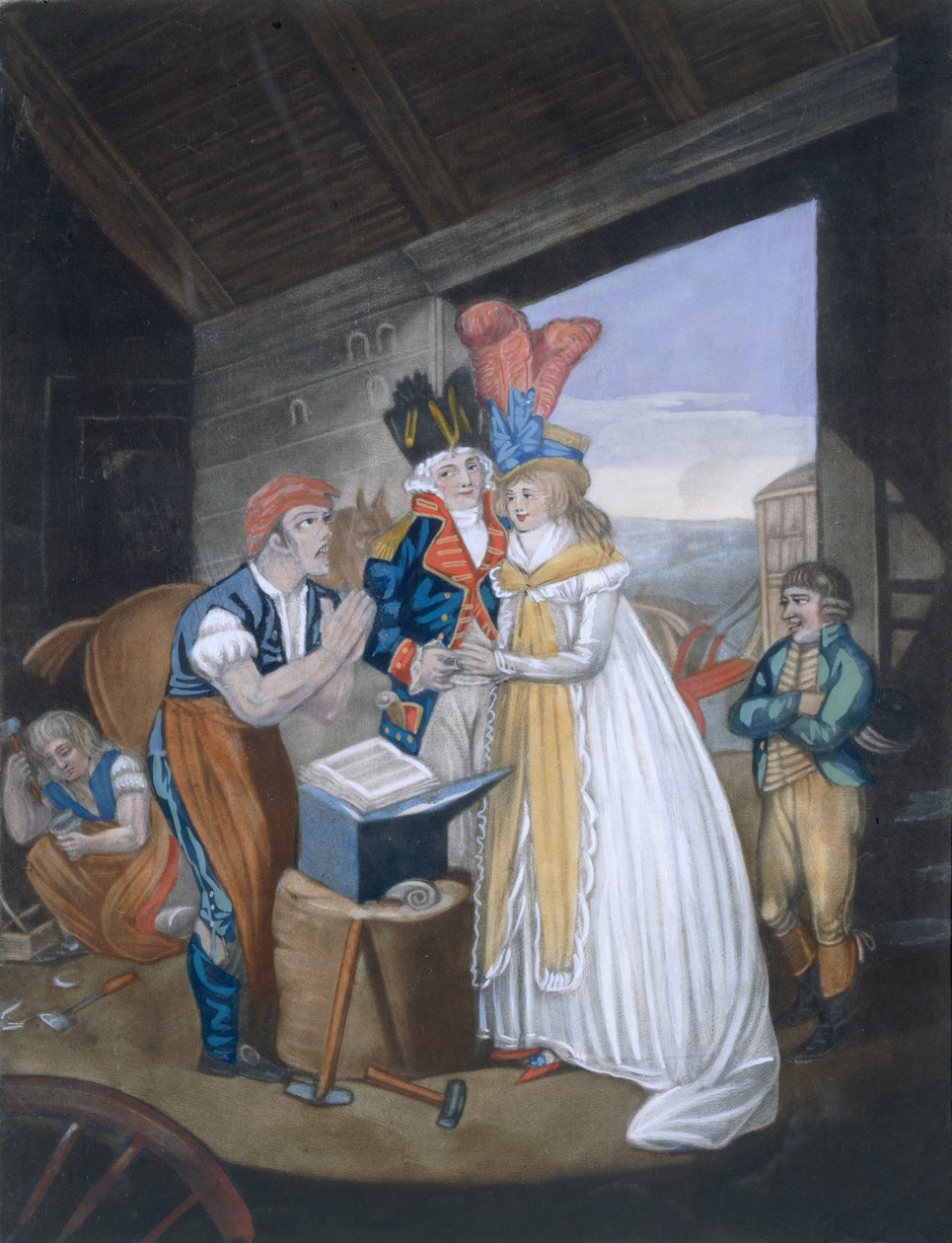 Gretna Green, eller det glödheta äktenskapet, pub. Av Aurrie & Whittle, 1794 88:Oh! Mr Blacksmith, lindra våra smärtor - och bind oss fast i Wedlocks Chains 99:female; traditionell kostym; tra av English School
