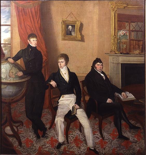 Gruppporträtt av tre män i en utsökt vardagsrumsinteriör, ca 1825 (olja på duk) av English School