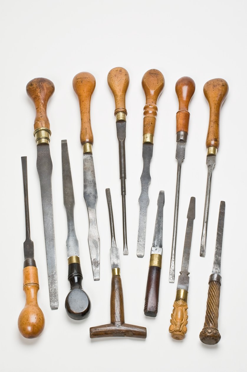 Grupp skruvmejslar, sent 1800-tal - tidigt 1900-tal (buxbom och gjutstål) av English School