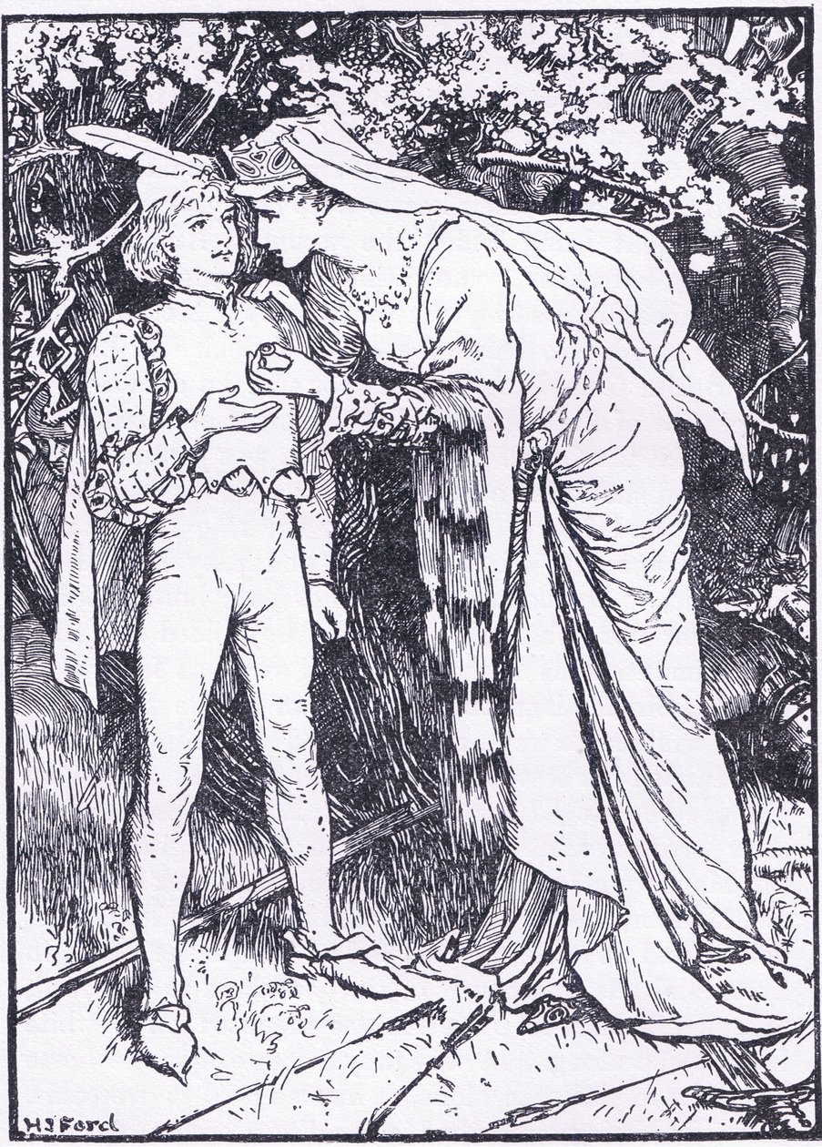 Guenevere skickar sin sida till Lancelot för hjälp, illustration från "The Book of Romance" publicerad av Longmans Green och Co av English School