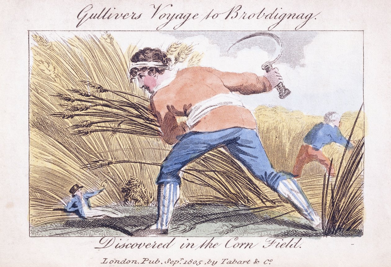Gullivers resa till Brobdingnag, upptäckt i majsfältet, 1805 av English School