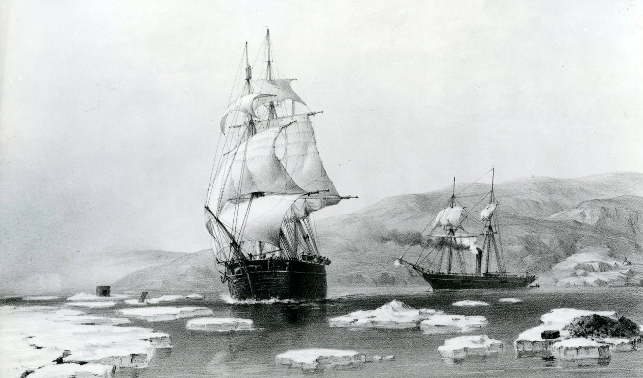 HMS Assistance och Pioneer bröt ut ur vinterkvarteren 1854 (litografi) av English School