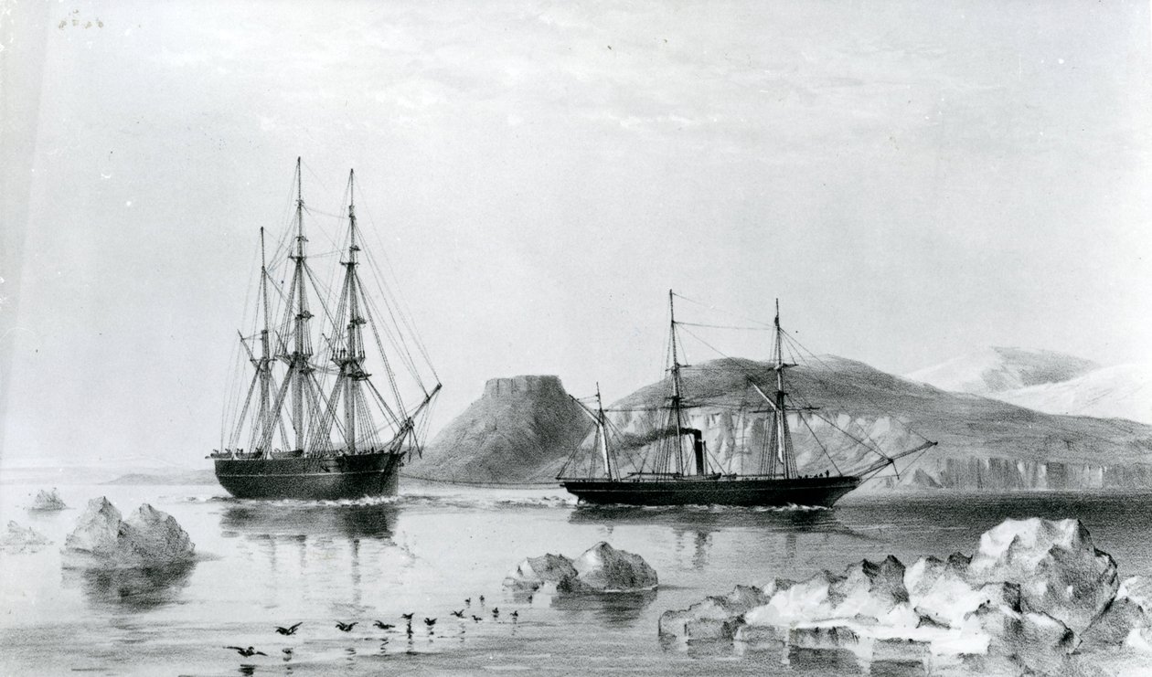 HMS Assistance i Tow of Pioneer som passerar John Harrow Mount, North Wellington Channel 1853 (litografi) av English School