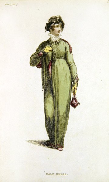 Halvklänning, modetallrik från Ackermanns Repository of Arts (färgad gravyr) av English School