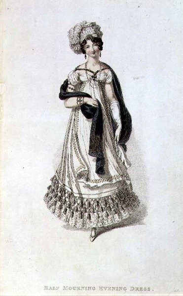 Halv sorgeaftonklänning, modetallrik från Ackermanns Repository of Arts (färgad gravyr) av English School
