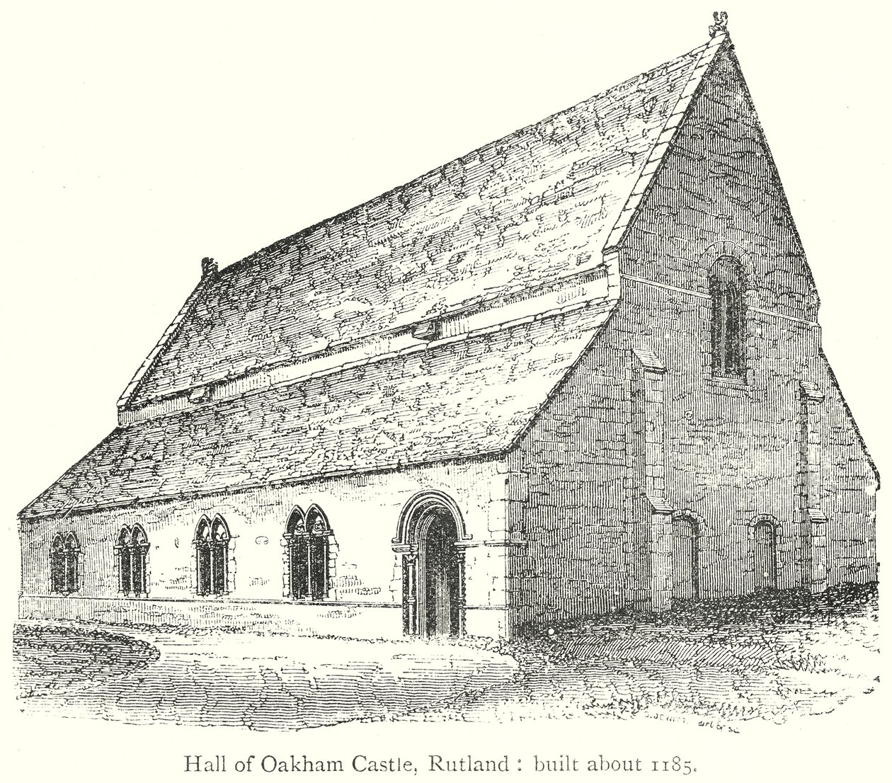 Hall i Oakham Castle, Rutland: Byggd omkring 1185 (gravyr) av English School