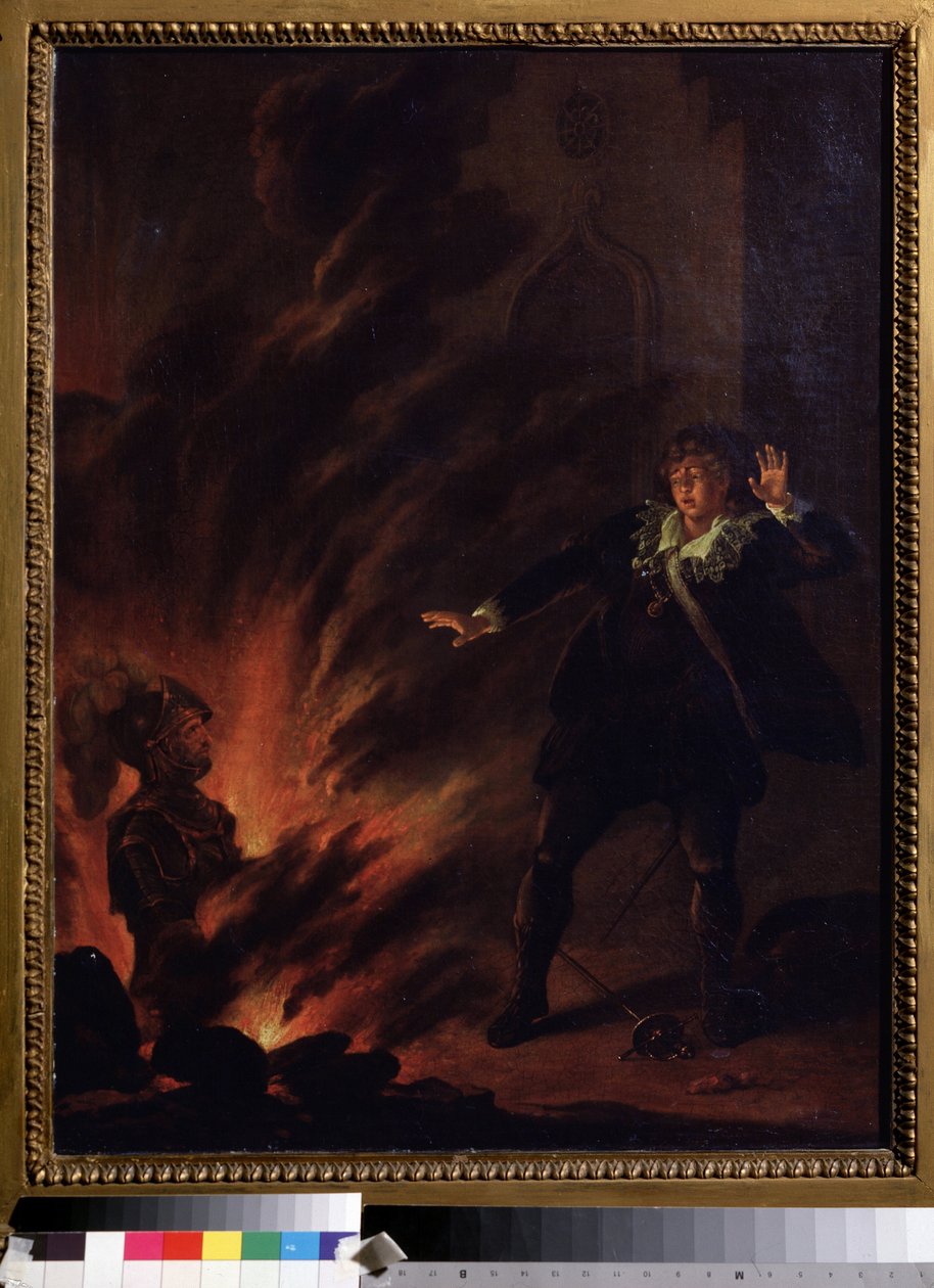 ""Hamlet vänder mot sin fars spöke"" (Hamlet and the Ghost of His Father) Illustration till pjäsen Hamlet av William Shakespeare (1564-1621) Målning från den engelska skolan i början av 1800-talet Dim. 65x51 cm Pouchkine Museum , Moskva av English School
