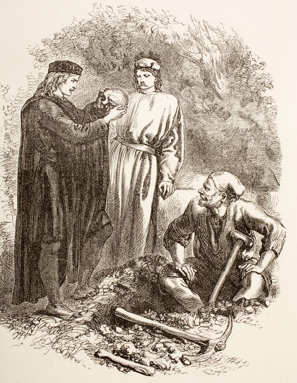 Hamlet anashikilia fuvu la kichwa cha Yorick, kielelezo cha Sheria ya V, Onyesho la Kwanza huko Hamlet, kutoka 