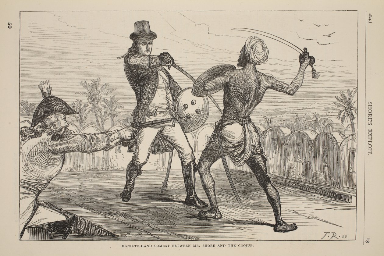 Hand-to-hand-strid mellan Mr. Shore och Goojur, illustration från Cassells Illustrated History of England av English School